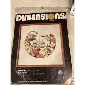 Vtg 1980 Dimensions Crewel Needlework Kit Fancy Cat 16x16 Sealed Cottagecore NOS